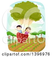 Poster, Art Print Of Group Of Students Flying In A Strawberry And Lettuce Balloon Over A Crop