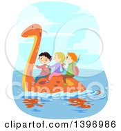 Poster, Art Print Of Group Of Children Riding On A Swimming Pliosaur Dinosaur