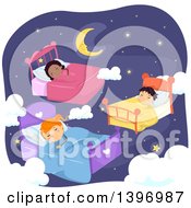 Poster, Art Print Of Group Of Children Sleeping On Beds In A Night Sky