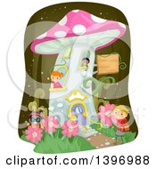 Clipart Of A Group Of Children Playing At A Mushroom House Royalty Free Vector Illustration