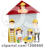 Poster, Art Print Of Teacher And Children Building A House