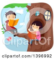 Clipart Of A Boy And Girl Reading On A Tree Branch Royalty Free Vector Illustration