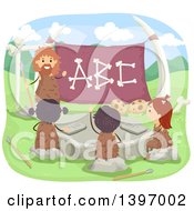 Poster, Art Print Of Caveman Teacher And Children Learning The Alphabet