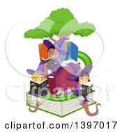 Clipart Of A Group Of Children Reading On A Giant Book With A Tree Royalty Free Vector Illustration