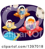 Clipart Of Children Flying Star UFOs In Outer Space Royalty Free Vector Illustration by BNP Design Studio
