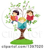 Poster, Art Print Of Group Of Happy Students Reading Books On Tree Branches