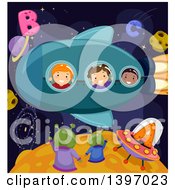 Poster, Art Print Of Group Of Students Imagining They Are In A Rocket And Waving At Aliens