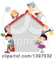 Poster, Art Print Of Group Of Children Cleaning A House