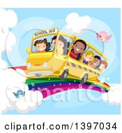 Poster, Art Print Of School Bus And Children Riding On A Rainbow In The Sky