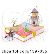 Clipart Of A Fairy Tale Book With A Princess In A Tower And Prince On A Steed Royalty Free Vector Illustration