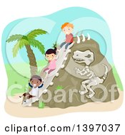 Poster, Art Print Of Dinosaur Bone Rock And Children Going Down A Slide
