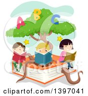 Clipart Of A Group Of Children Reading On A Giant Book With An Alphabet Tree Royalty Free Vector Illustration