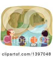 Poster, Art Print Of Group Of Children Exploring A Cave With Water