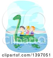 Group Of Children Wearing Life Jackets And Riding On A Swimming Pliosaur Dinosaur