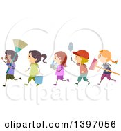 Poster, Art Print Of Line Of Children Carrying Cleaning Supplies