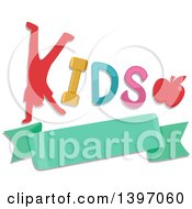 Poster, Art Print Of Silhouetted Boy Doing A Hand Stand In The Word Kids With An Apple Over A Banner