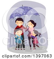 Poster, Art Print Of Happy Family Sharing An Umbrella In The Rain
