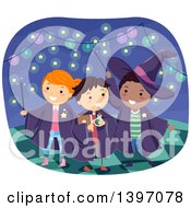 Clipart Of A Group Of Children Playing With Magic Wands Royalty Free Vector Illustration