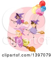 Clipart Of A Group Of Witch Girls Flying On A Broom Royalty Free Vector Illustration