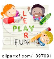 Clipart Of A Trio Of Children Looking Up While Writing Learn Play And Fun On Ruled Paper Royalty Free Vector Illustration