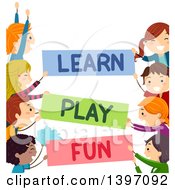 Clipart Of Borders Of Happy Children Holding Learn Play And Fun Signs Royalty Free Vector Illustration