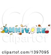 Poster, Art Print Of Blue Word Omnivore With Fish Meat Eggs Plants And Fruit