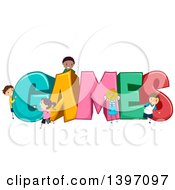 Clipart Of Happy Children Playing Around The Word GAMES Royalty Free Vector Illustration