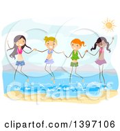 Group Of Teenage Girls Holding Hands And Jumping In The Water At The Beach