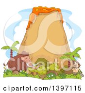Clipart Of A Prehistoric Scene Of A Caveman And Woolly Mammoth Royalty Free Vector Illustration