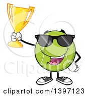 Cartoon Happy Tennis Ball Character Mascot Wearing Sunglasses And Holding Up A Trophy