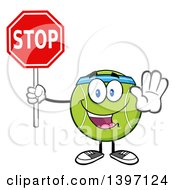 Cartoon Happy Tennis Ball Character Mascot Wearing A Headband And Holding A Stop Sign