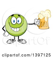 Clipart Of A Cartoon Happy Tennis Ball Character Mascot Holding A Beer Royalty Free Vector Illustration