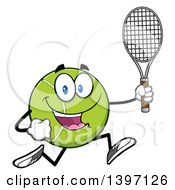 Clipart Of A Cartoon Happy Tennis Ball Character Mascot Running With A Racket Royalty Free Vector Illustration by Hit Toon