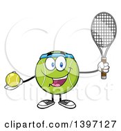 Clipart Of A Cartoon Happy Tennis Ball Character Mascot Wearing A Headband Holding A Racket And Ball Royalty Free Vector Illustration by Hit Toon