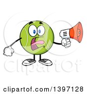 Cartoon Tennis Ball Character Mascot Using A Megaphone