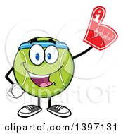 Cartoon Happy Tennis Ball Character Mascot Wearing A Foam Finger