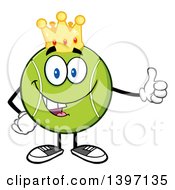 Clipart Of A Cartoon Happy Tennis Ball Character Mascot Wearing A Crown And Giving A Thumb Up Royalty Free Vector Illustration