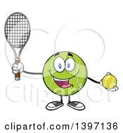 Poster, Art Print Of Cartoon Happy Tennis Ball Character Mascot Holding A Racket And Ball