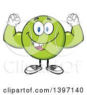 Clipart Of A Cartoon Happy Tennis Ball Character Mascot Flexing His Muscles Royalty Free Vector Illustration
