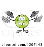 Clipart Of A Cartoon Happy Tennis Ball Character Mascot Working Out With Dumbbells Royalty Free Vector Illustration