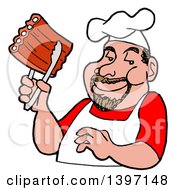 Poster, Art Print Of Happy White Male Bbq Chef Holding Ribs With Tongs