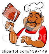 Poster, Art Print Of Happy Black Male Bbq Chef Holding Ribs With Tongs