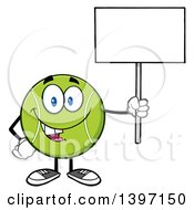 Clipart Of A Cartoon Happy Tennis Ball Character Mascot Holding Up A Blank Sign Royalty Free Vector Illustration