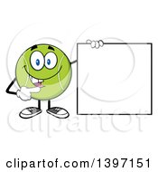 Clipart Of A Cartoon Happy Tennis Ball Character Mascot Holding And Pointing To A Blank Sign Royalty Free Vector Illustration