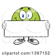 Clipart Of A Cartoon Happy Tennis Ball Character Mascot Holding A Blank Sign Royalty Free Vector Illustration
