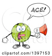 Poster, Art Print Of Cartoon Tennis Ball Character Mascot Shouting Ace Through A Megaphone