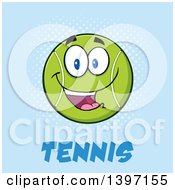 Poster, Art Print Of Cartoon Happy Tennis Ball Character Mascot Over Text On Blue