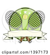 Ball Over Crossed Tennis Rackets And A Green Circle With Stars And A Blank Banner