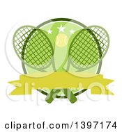 Poster, Art Print Of Ball Over Crossed Tennis Rackets And A Green Circle With Stars And A Blank Ribbon Banner