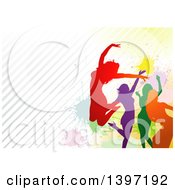 Poster, Art Print Of Group Of Colorful Silhouetted Women Dancing And Jumping Over Colorful Splatters And Diagonal Stripes